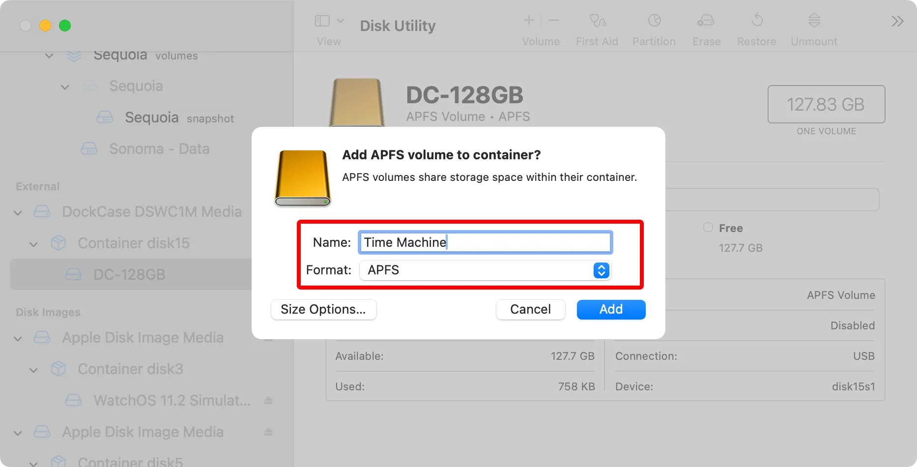 Cửa sổ thêm phân vùng mới trong Tiện ích Đĩa macOS, hiển thị tùy chọn tên và định dạng APFS.
