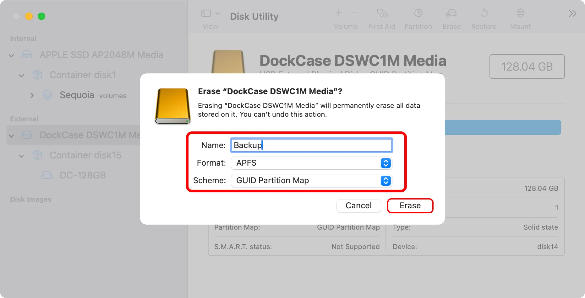 Cửa sổ xóa ổ đĩa trong Tiện ích Đĩa macOS, với các tùy chọn tên ổ, định dạng APFS và lược đồ GUID Partition Map được chọn.