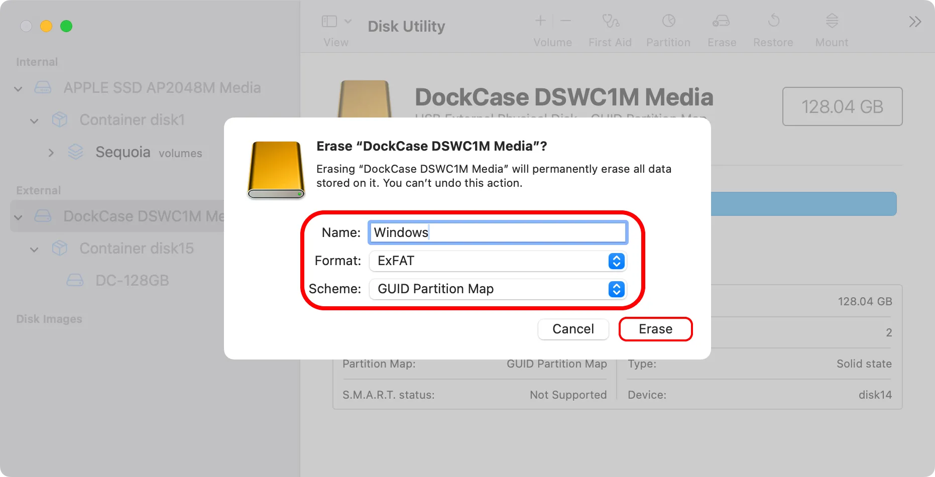 Cửa sổ xóa ổ đĩa trong Tiện ích Đĩa macOS, với các tùy chọn tên ổ, định dạng ExFAT và lược đồ GUID Partition Map được chọn.