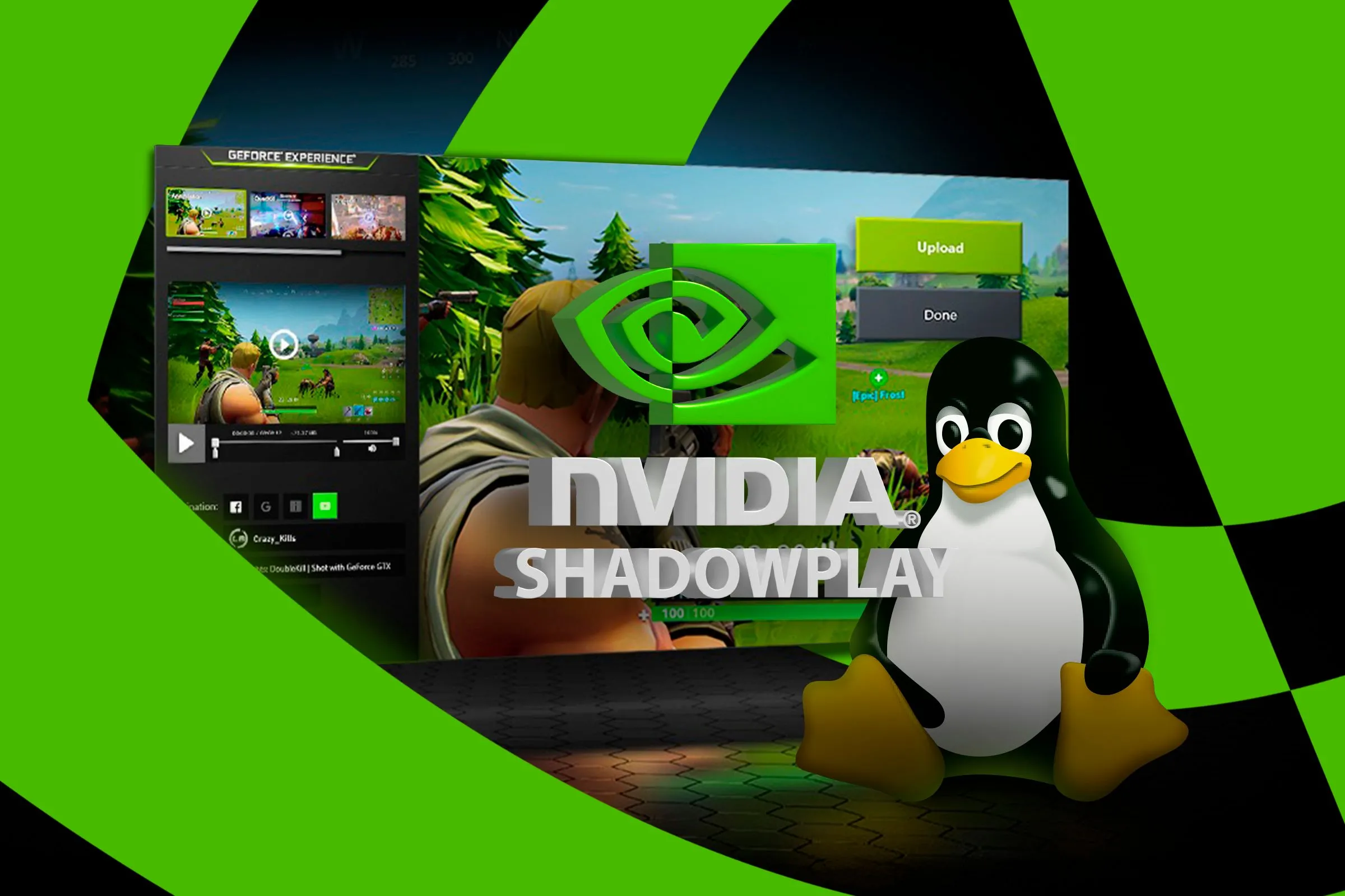 Cụm từ ShadowPlay và linh vật Linux trên màn hình.