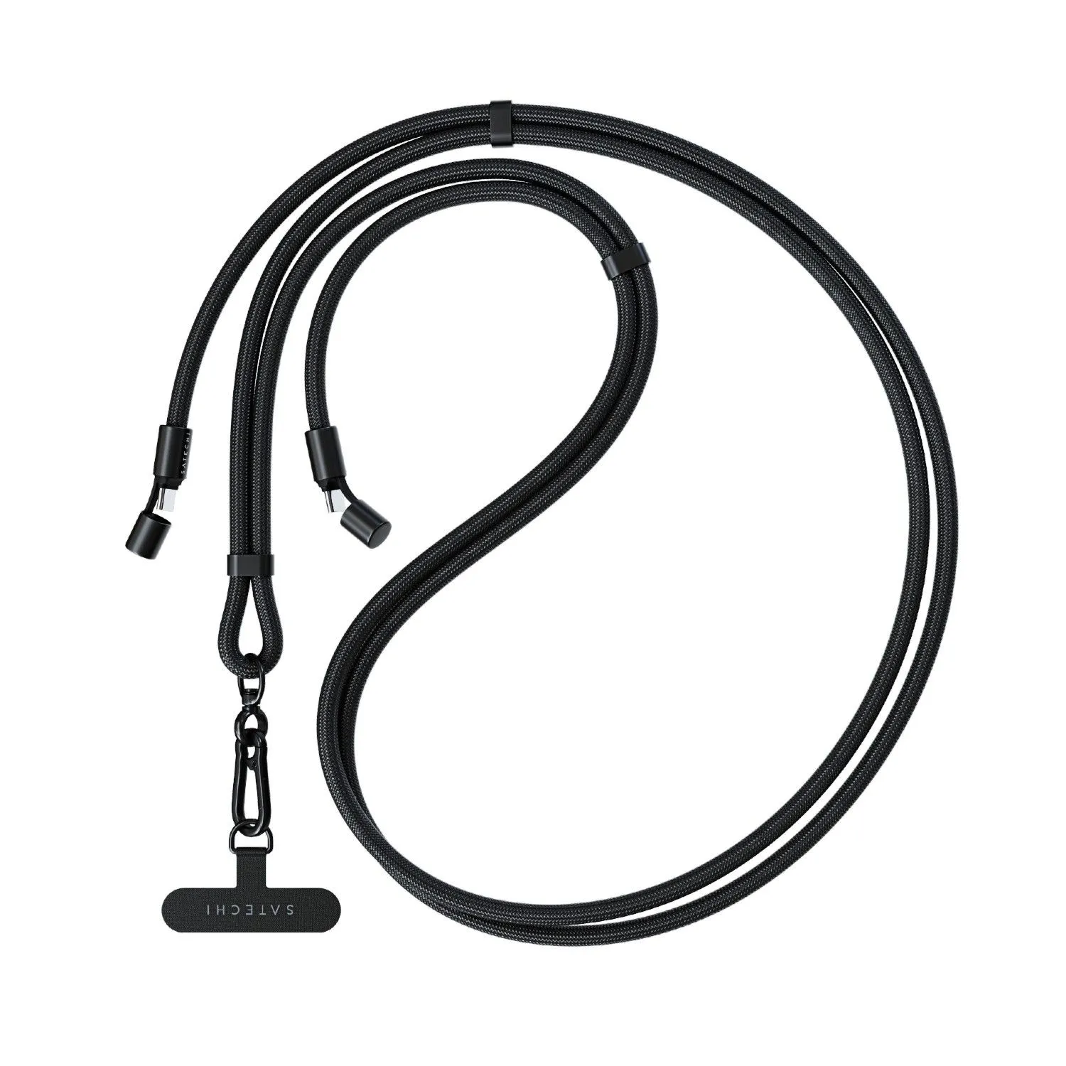 Dây đeo Satechi OntheGo USB-C Lanyard màu đen, tích hợp cáp sạc USB-C, thể hiện sự tiện lợi và thời trang cho người dùng.