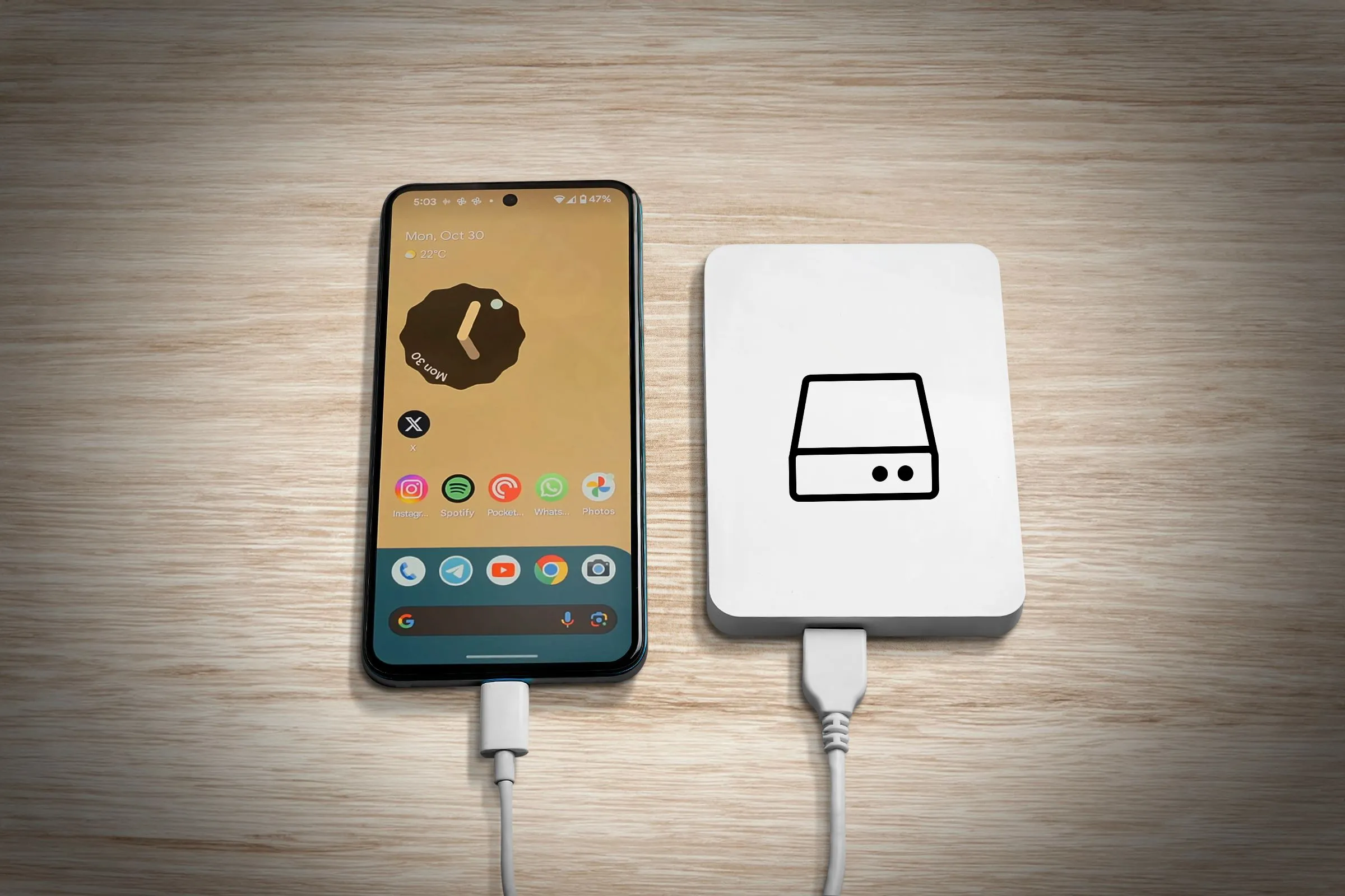 Điện thoại Android và ổ cứng di động, tượng trưng cho việc sao lưu trực tiếp từ điện thoại.