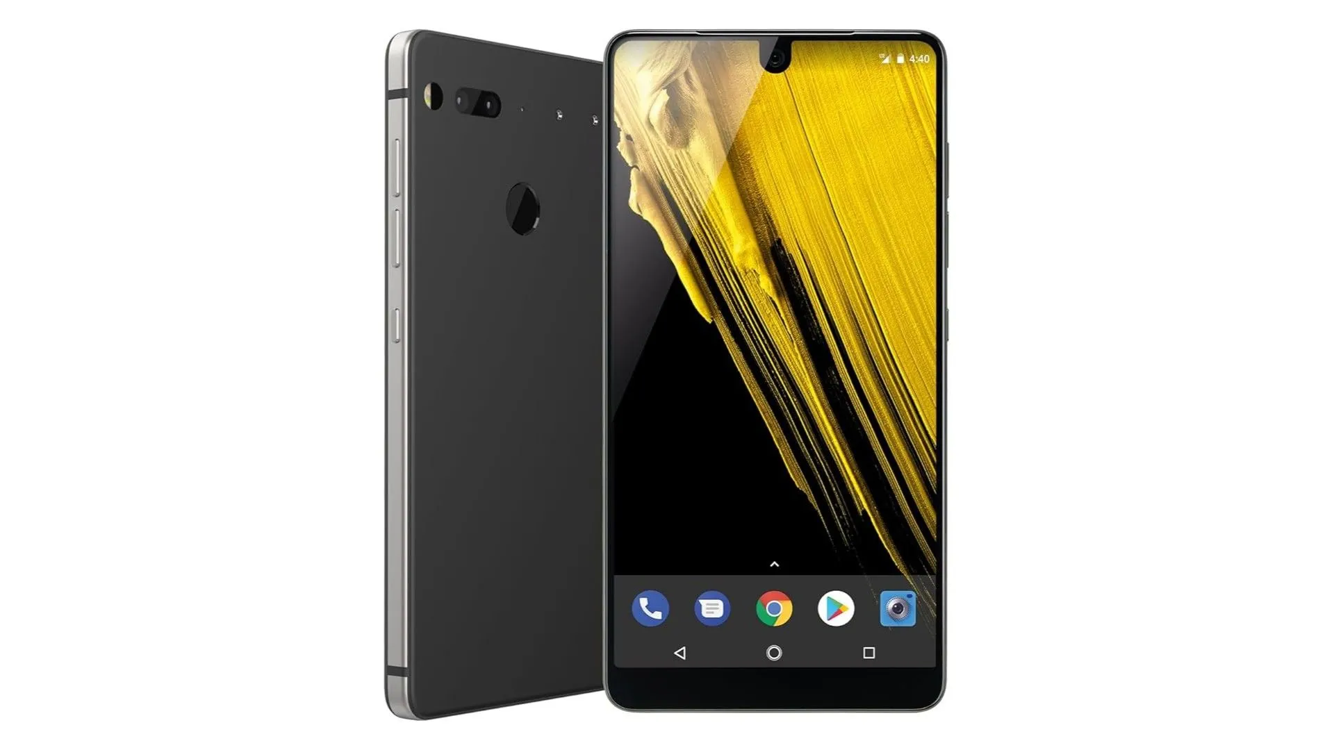 Điện thoại Essential PH-1 màu đen, hiển thị màn hình với &quot;tai thỏ&quot; nhỏ gọn chứa camera trước, viền mỏng và khung máy tinh tế.