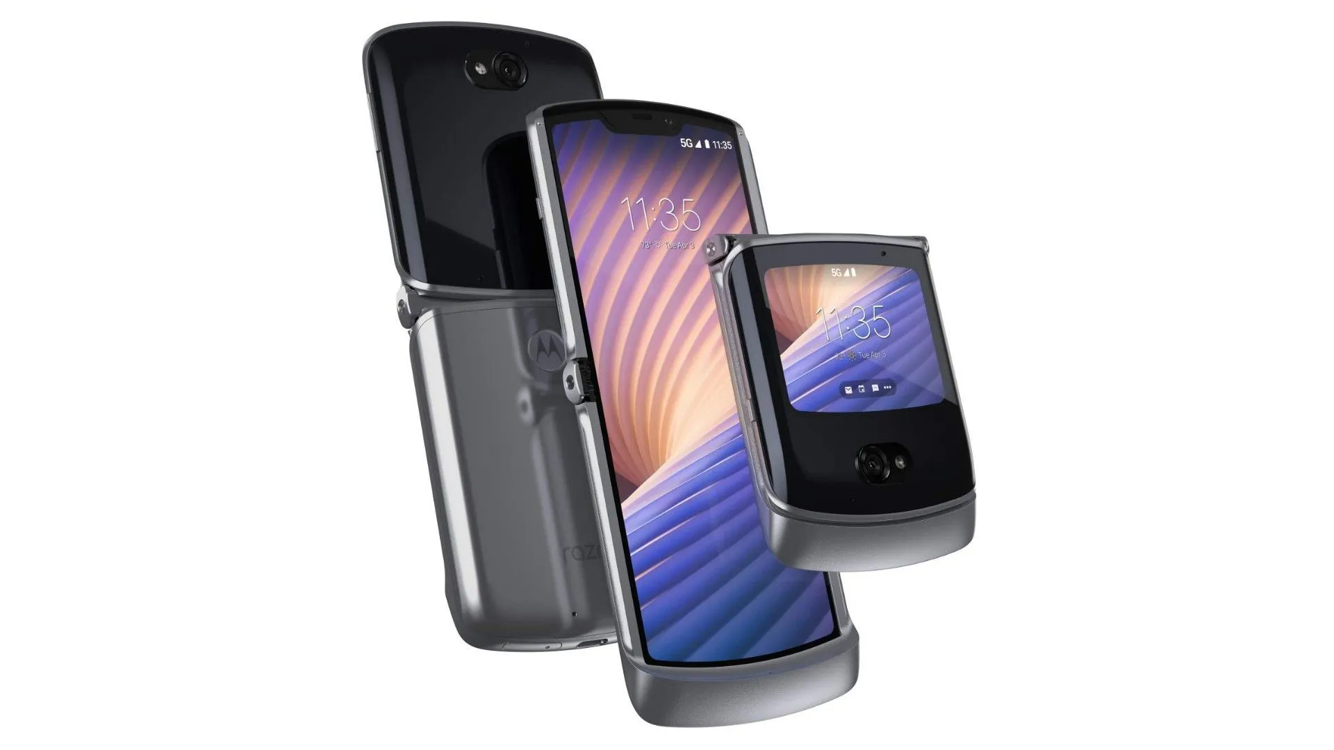 Điện thoại gập Moto Razr 5G màu đen đang mở ra, hiển thị màn hình linh hoạt và gợi nhớ thiết kế gập kinh điển của dòng Razr.