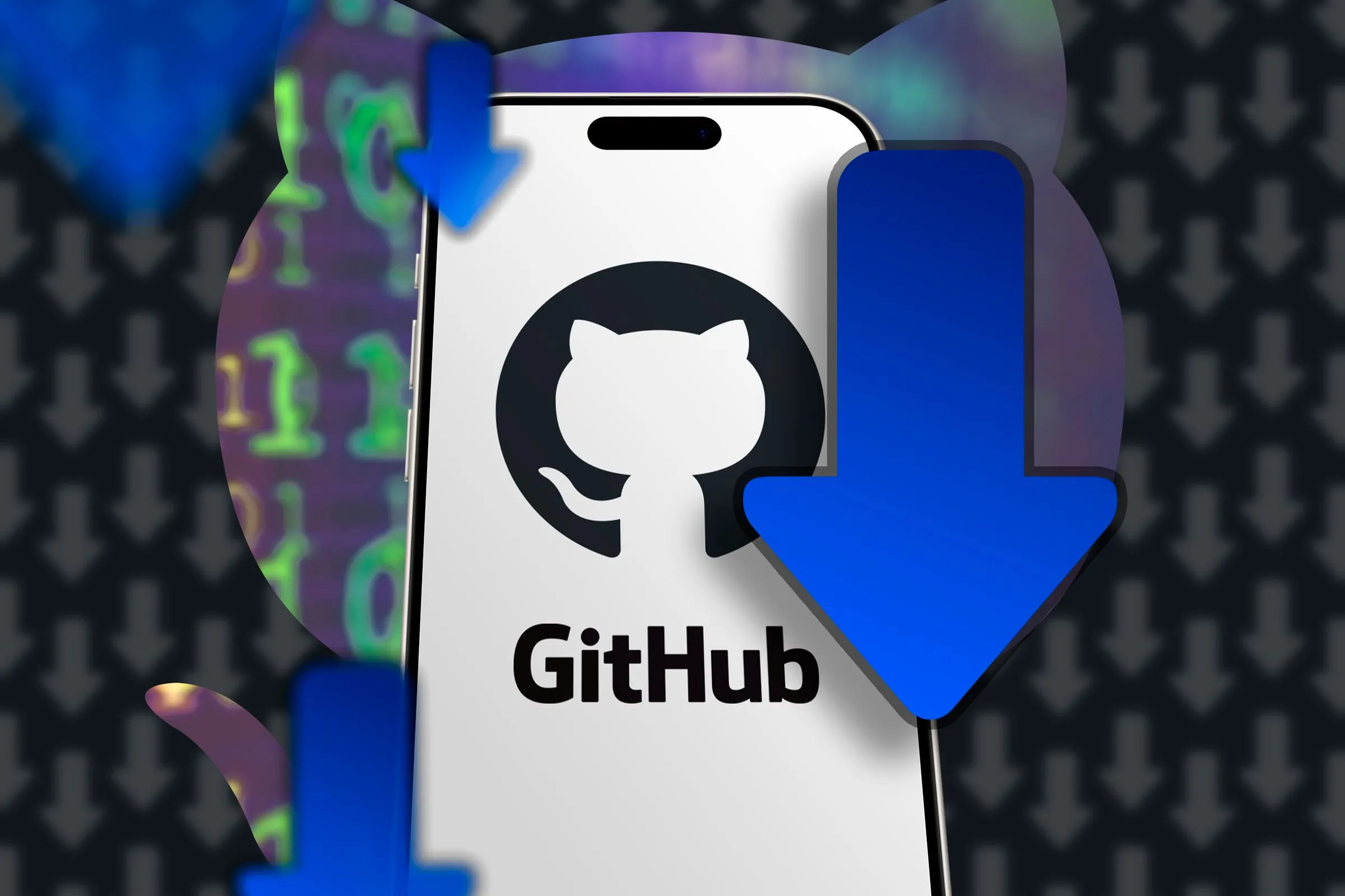 Điện thoại hiển thị logo GitHub cùng các biểu tượng tải xuống xung quanh.