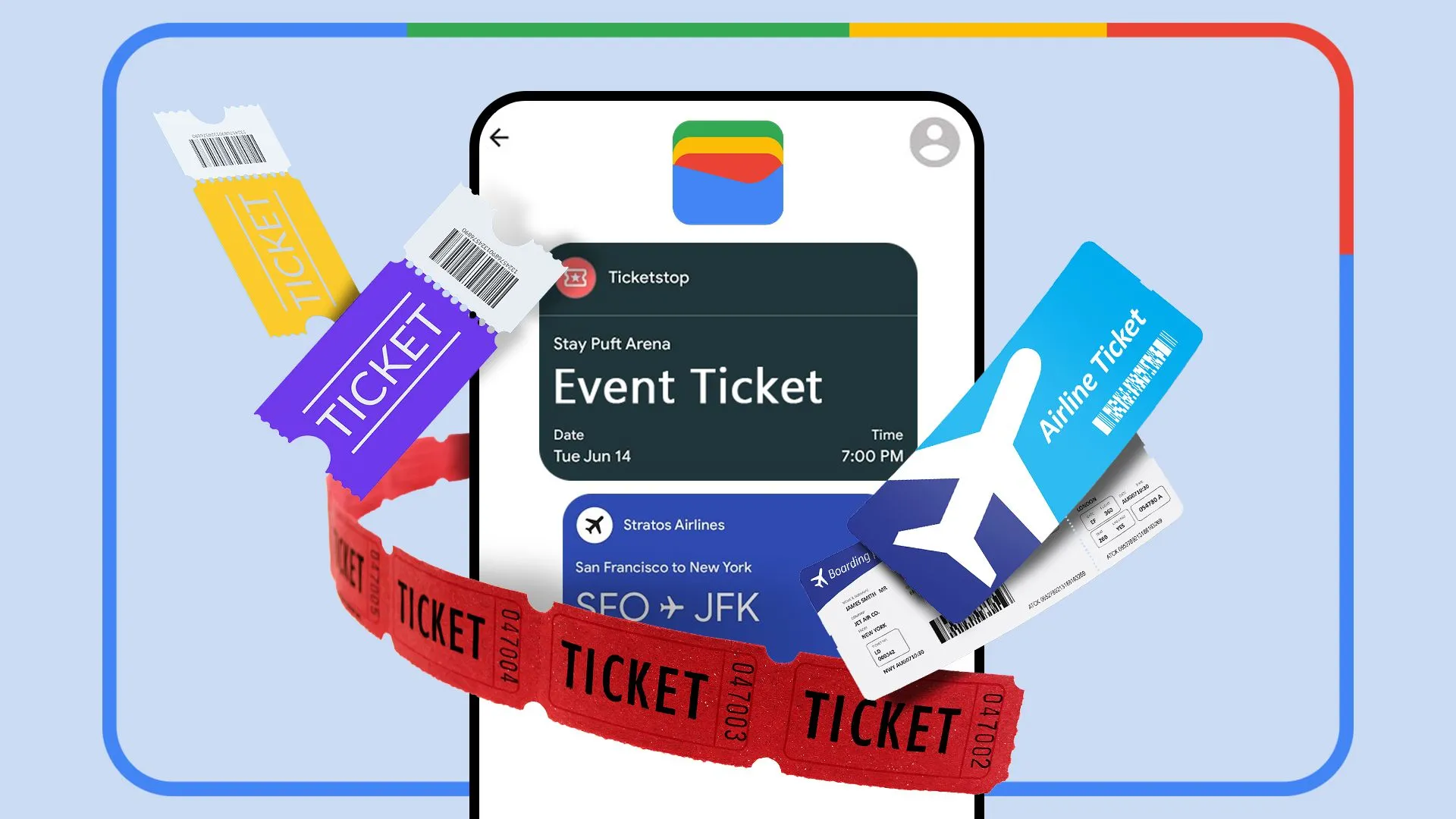 Điện thoại hiển thị ứng dụng Google Wallet đang mở với nhiều loại vé và thẻ xung quanh, minh họa tính năng tạo thẻ tùy chỉnh.
