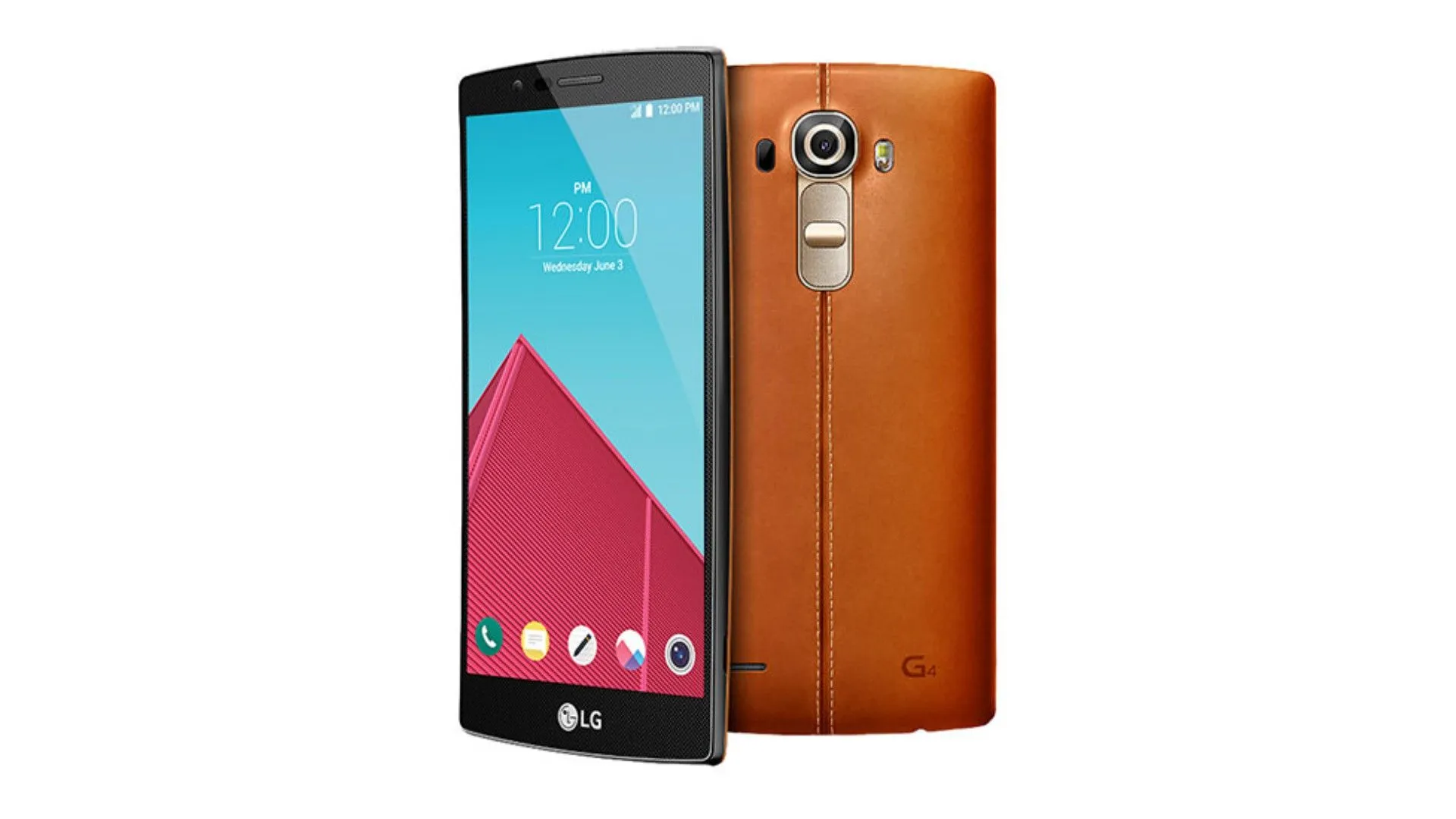 Điện thoại LG G4 với mặt lưng bọc da thật màu nâu được khâu tỉ mỉ, màn hình cong nhẹ và nút điều khiển âm lượng đặt ở mặt sau.