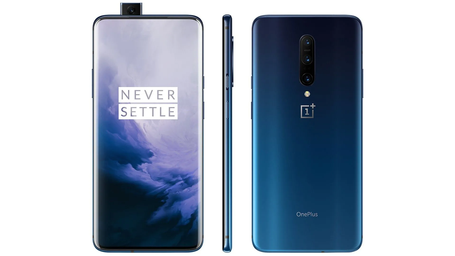 Điện thoại OnePlus 7 Pro màu xanh, nổi bật với camera selfie dạng pop-up và màn hình tràn viền cong quyến rũ.