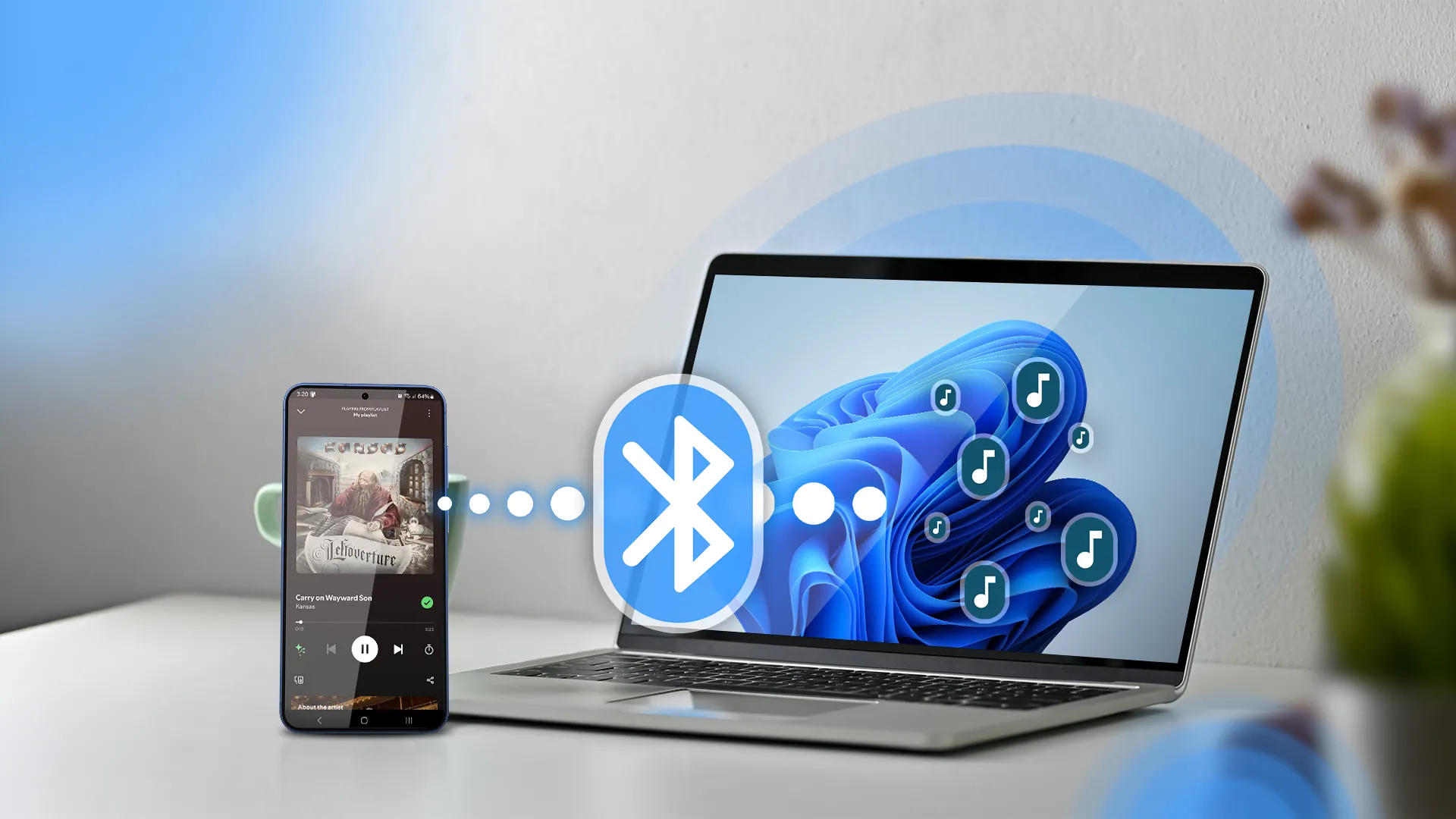 Điện thoại phát nhạc và laptop Windows 11 cạnh nhau, với biểu tượng Bluetooth ở giữa, minh họa kết nối không dây.