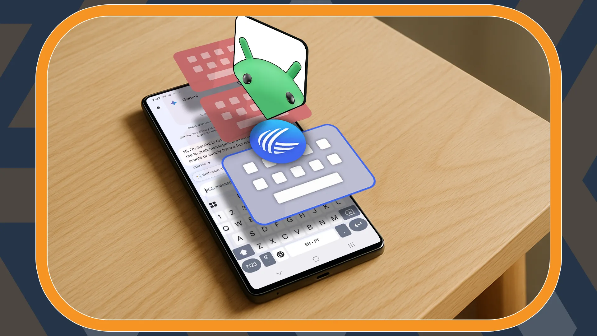 Điện thoại thông minh hiển thị các biểu tượng bàn phím Android nổi trên màn hình và linh vật Android ở giữa, đại diện cho các lựa chọn bàn phím tốt nhất.