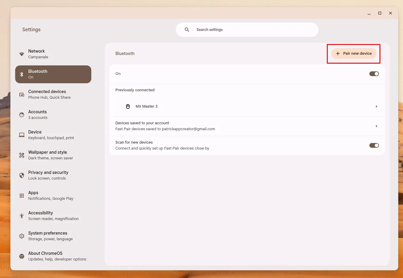 Giao diện cài đặt Bluetooth trên Chromebook, hiển thị tùy chọn ghép nối thiết bị mới.