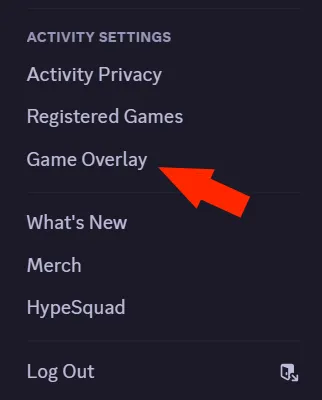 Giao diện cài đặt Discord, với menu điều hướng bên trái và mục &quot;Game Overlay&quot; được đánh dấu trong phần &quot;Activity Settings&quot;