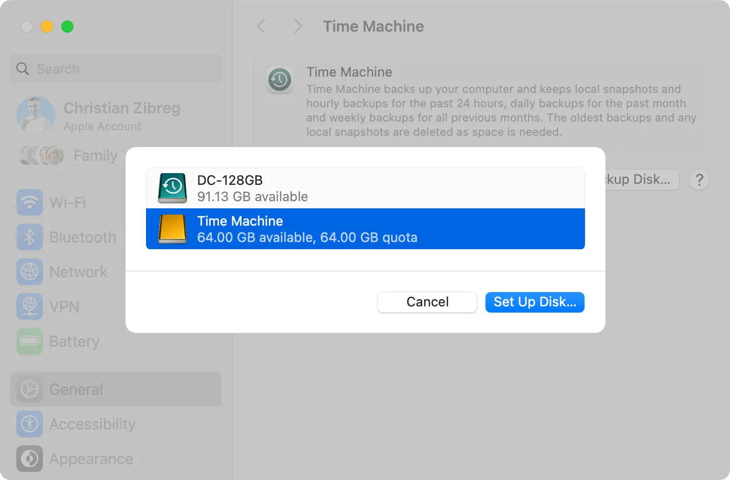 Giao diện Cài đặt Hệ thống macOS Sequoia, chọn ổ đĩa sao lưu cho Time Machine.
