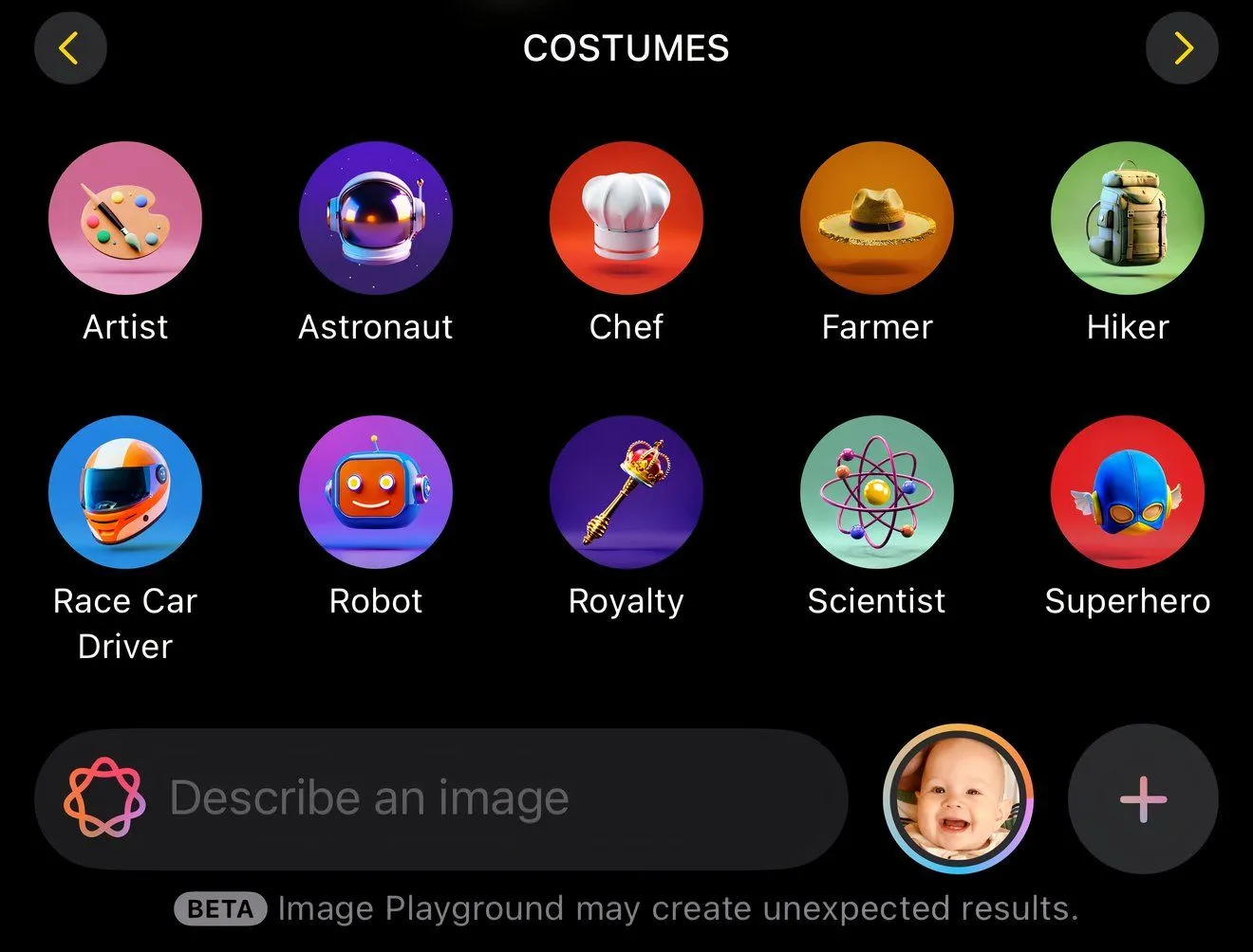 Giao diện chọn trang phục trong Image Playground của Apple Intelligence trên iPhone.