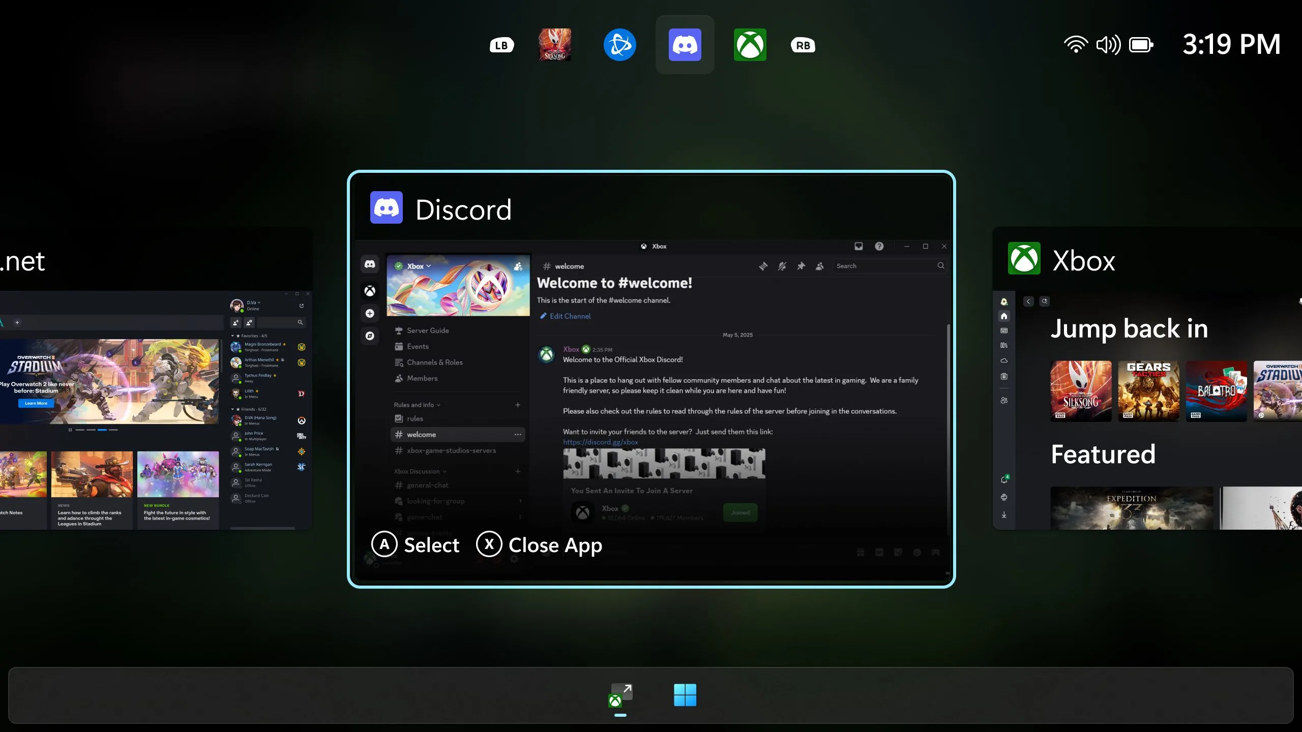 Giao diện chuyển đổi tác vụ thân thiện với tay cầm trên Windows, cho phép người dùng đa nhiệm dễ dàng mà không cần chuột và bàn phím trên thiết bị chơi game cầm tay.