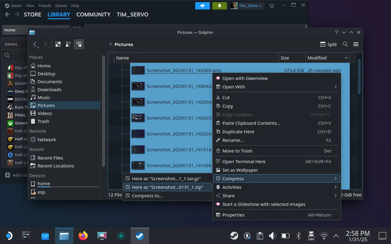 Giao diện Dolphin File Explorer trên SteamOS hiển thị tùy chọn nén nhiều file ảnh chụp màn hình thành một file ZIP để dễ dàng chuyển.