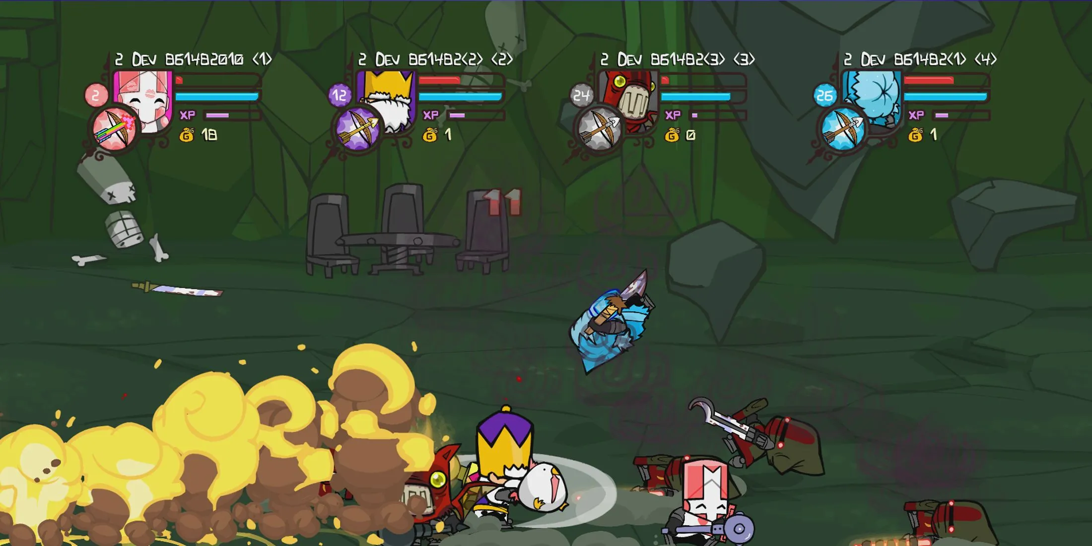 Giao diện gameplay của Castle Crashers Remastered với các hiệu ứng chiến đấu và nhân vật