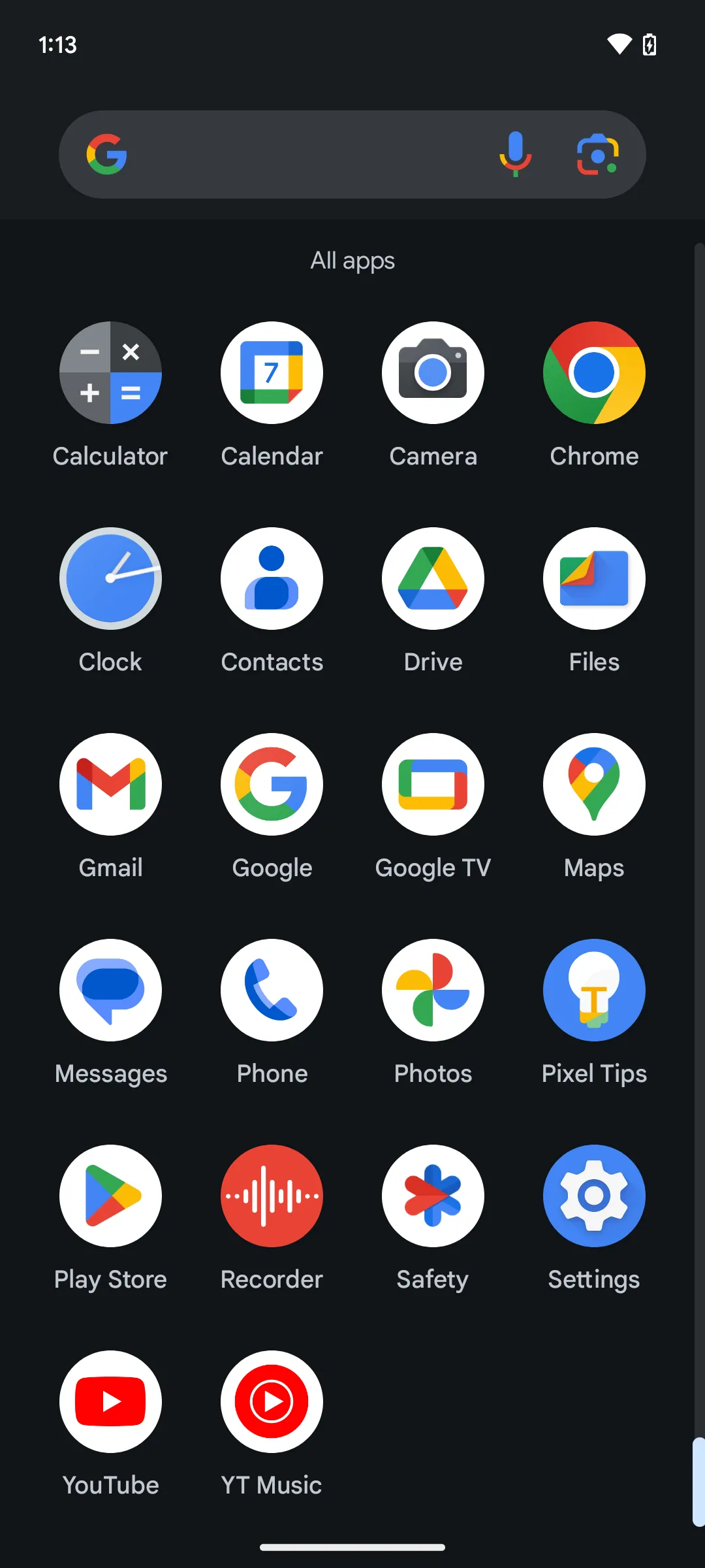 Giao diện ngăn kéo ứng dụng Android trên Pixel 7, hiển thị số lượng hạn chế ứng dụng không phải của Google được cài đặt sẵn.