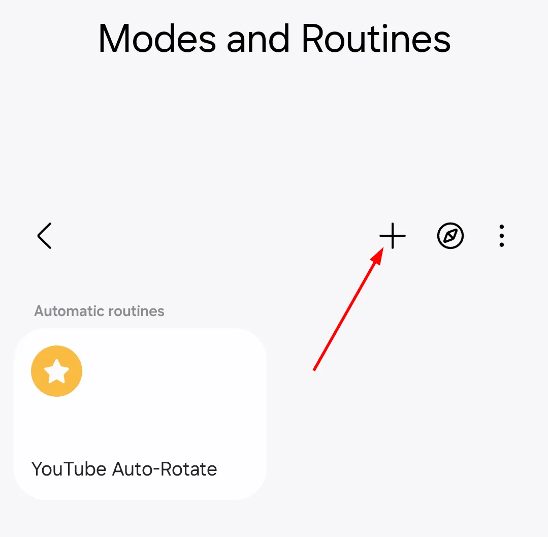 Giao diện Samsung Chế độ và Quy trình hiển thị tab Quy trình và nút dấu cộng để tạo một quy trình tự động mới.