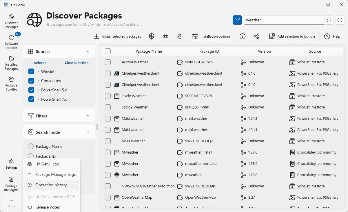 Giao diện tab &quot;Discover Packages&quot; trong UniGetUI, hiển thị danh sách các ứng dụng có thể tìm kiếm và cài đặt.