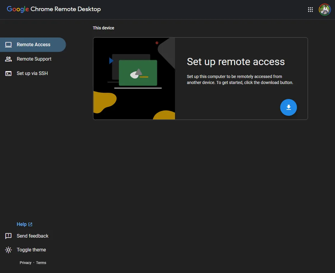 Giao diện tải công cụ thiết lập Chrome Remote Desktop trên trình duyệt Google Chrome.