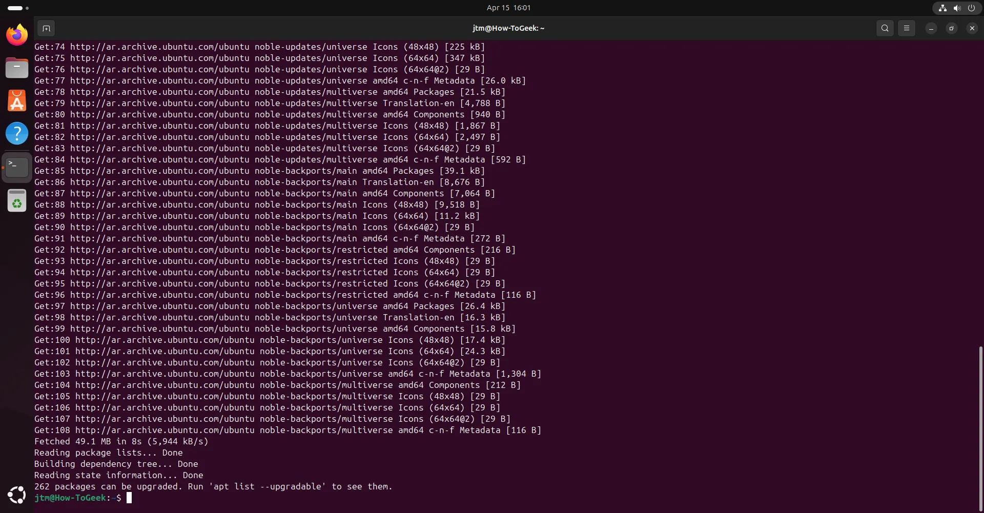 Giao diện Terminal hiển thị kết quả của lệnh sudo apt update trên Ubuntu, minh họa quá trình cập nhật danh sách gói phần mềm trong Linux.