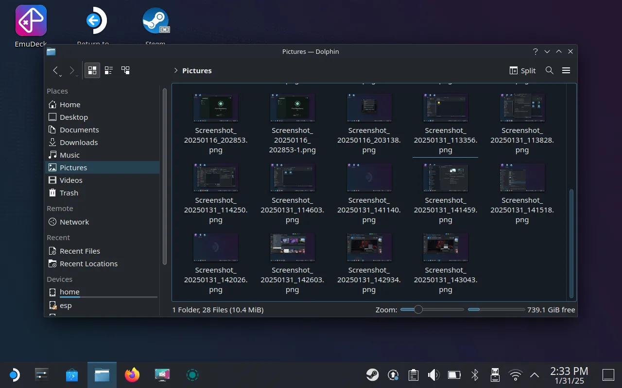 Giao diện thư mục &quot;Pictures&quot; trong Dolphin File Explorer của SteamOS, nơi lưu trữ ảnh chụp màn hình từ Desktop Mode.