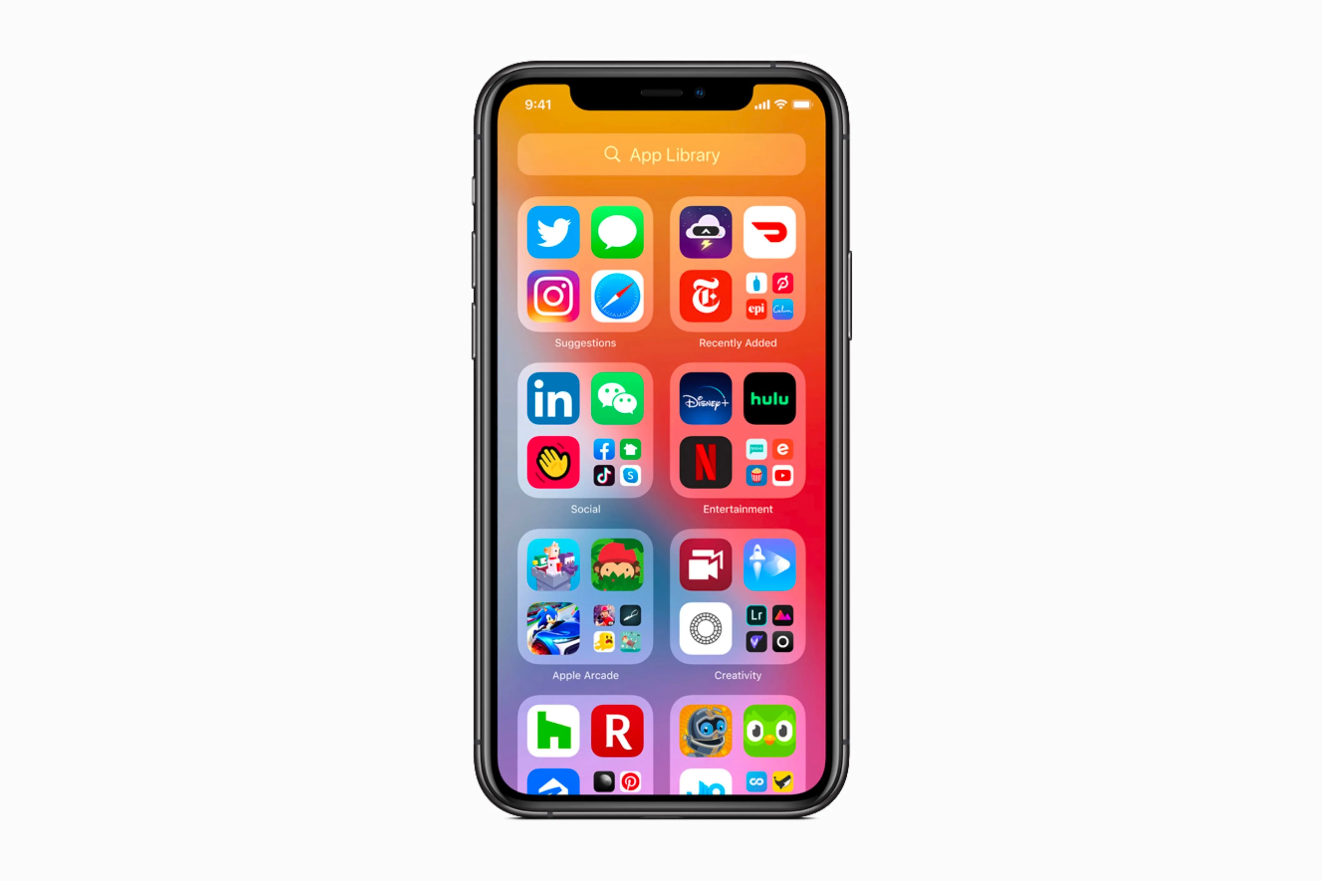 Giao diện Thư viện ứng dụng (App Library) trên iPhone chạy iOS 14, hiển thị các ứng dụng được tự động sắp xếp theo danh mục.