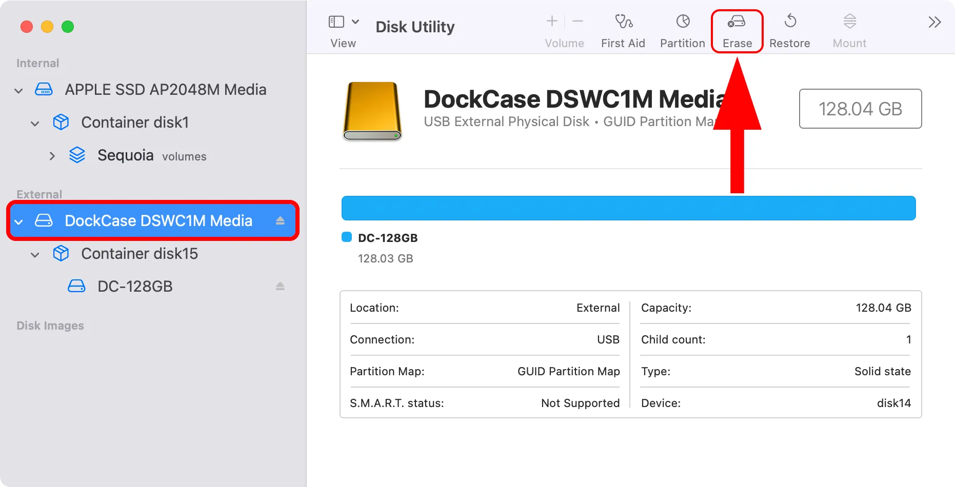 Giao diện Tiện ích Đĩa macOS hiển thị ổ đĩa ngoài được chọn trong thanh bên.