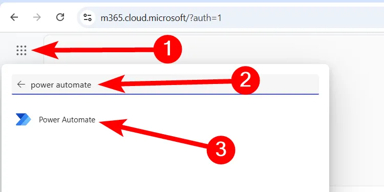 Giao diện tìm kiếm Power Automate trong trình khởi chạy ứng dụng Office 365 trên trình duyệt web.