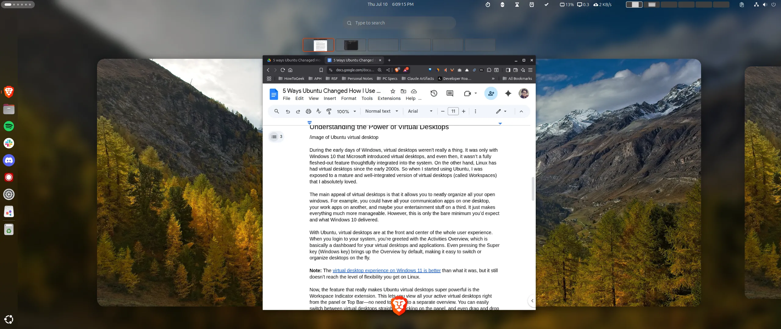 Giao diện tổng quan hoạt động (Activities Overview) trên Ubuntu, hiển thị các màn hình ảo (Workspaces) và ứng dụng đang mở.
