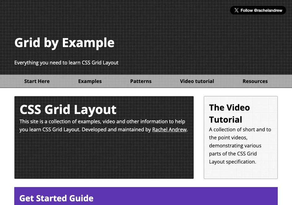 Giao diện trang Grid by Example với các mục chính như Ví dụ thực tế, Hướng dẫn Video và phần Hướng dẫn bắt đầu, giúp học CSS Grid chuyên sâu.