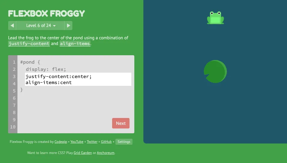 Giao diện trò chơi Flexbox Froggy với ô nhập mã CSS bên trái và hồ nước cùng những chú ếch, lá sen bên phải, minh họa cách học Flexbox trực quan.