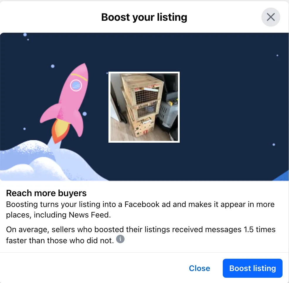 Giao diện tùy chọn quảng cáo bài đăng trên Facebook Marketplace.