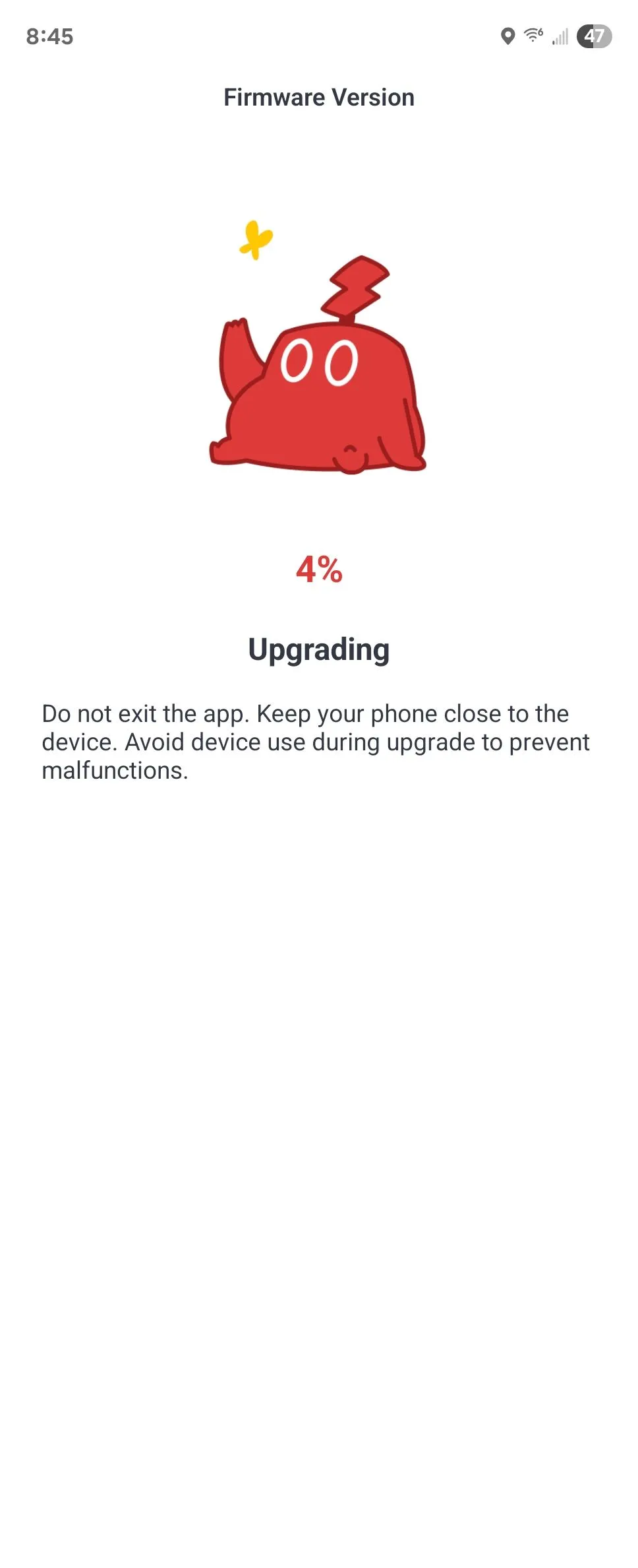 Giao diện ứng dụng Android hiển thị quá trình nâng cấp thiết bị SwitchBot.