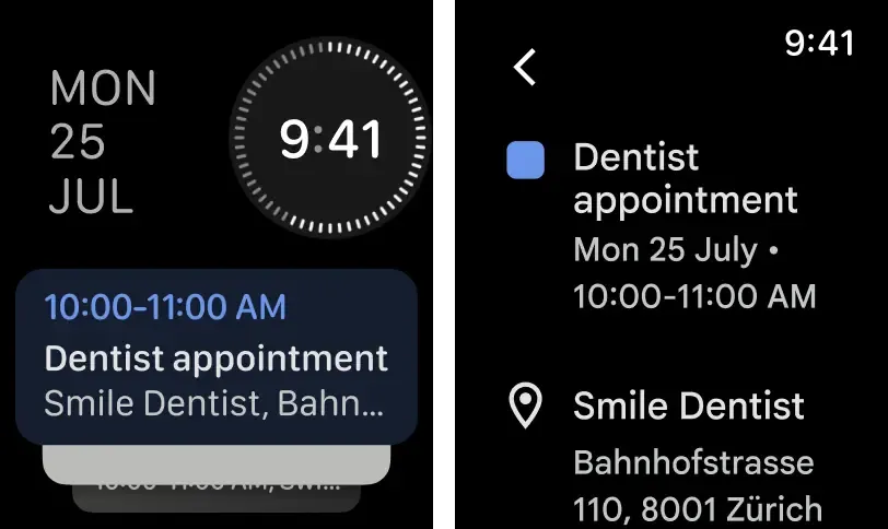 Giao diện ứng dụng Google Calendar hiển thị các sự kiện và tác vụ sắp tới trên Apple Watch.