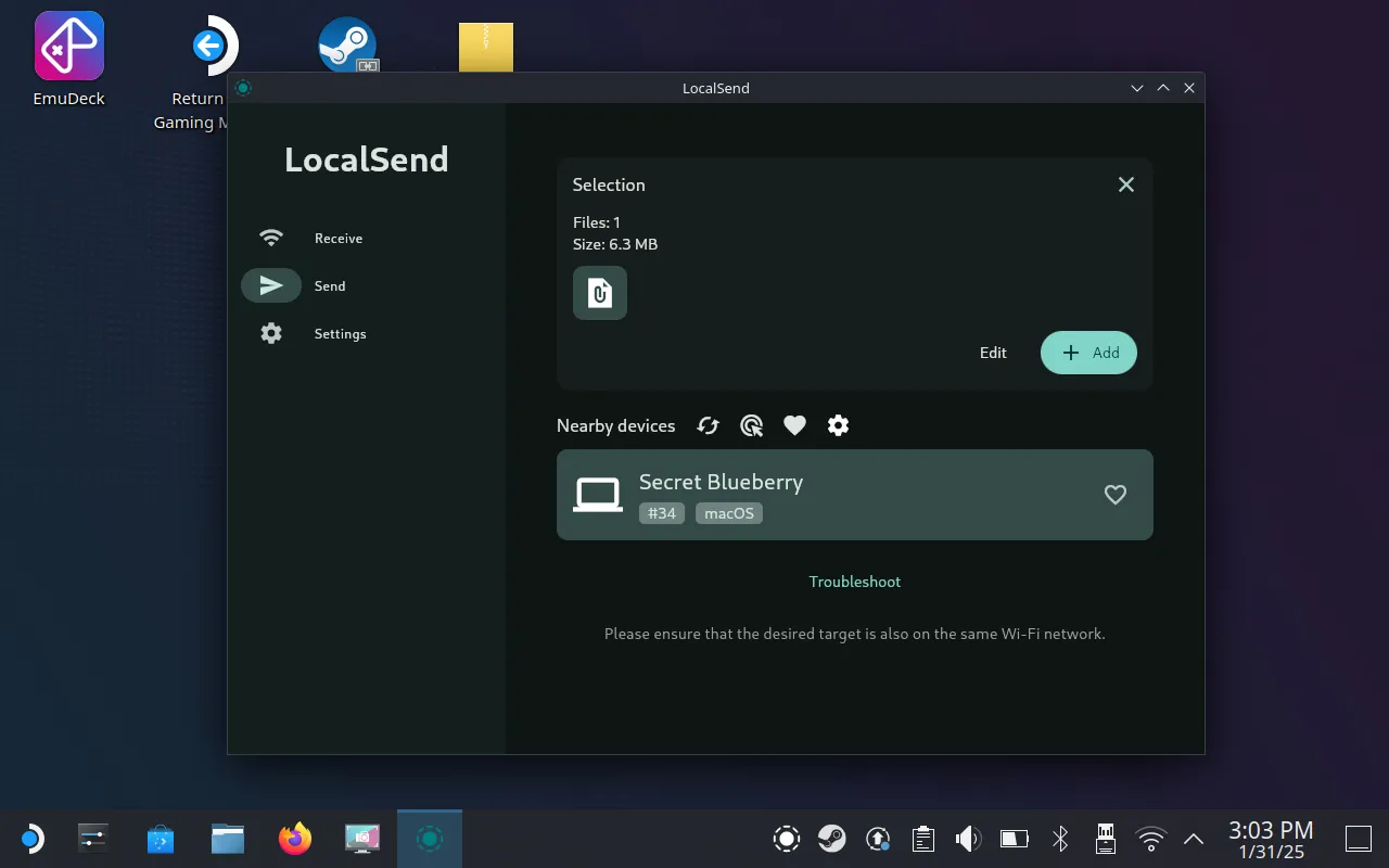Giao diện ứng dụng LocalSend trên Steam Deck đang chuyển file ảnh chụp màn hình không dây đến thiết bị Mac, minh họa quá trình truyền tải.