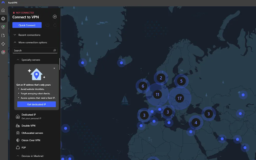 Giao diện ứng dụng NordVPN hiển thị bản đồ kết nối, minh họa tính năng bảo mật VPN.