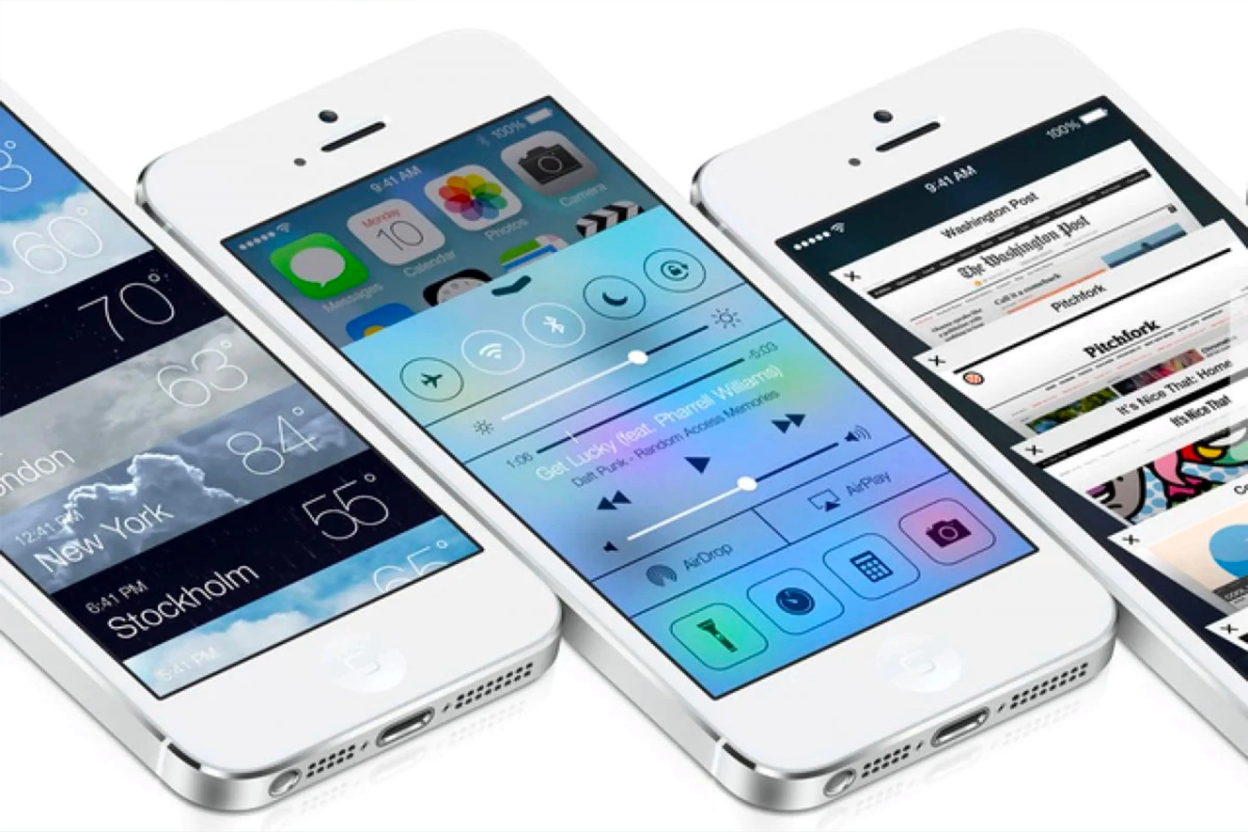 Giao diện ứng dụng Thời tiết và Safari cùng Trung tâm Điều khiển (Control Center) trên iPhone chạy iOS 7, minh họa khả năng truy cập nhanh các cài đặt.