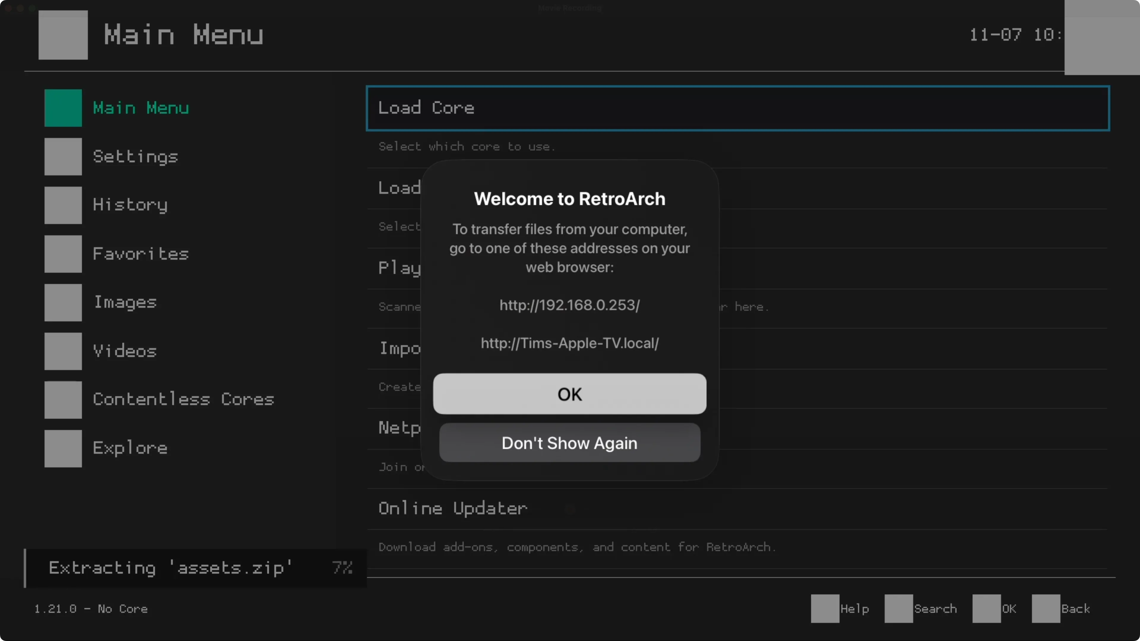 Giao diện web của RetroArch cho phép chuyển các file ROM và BIOS lên Apple TV