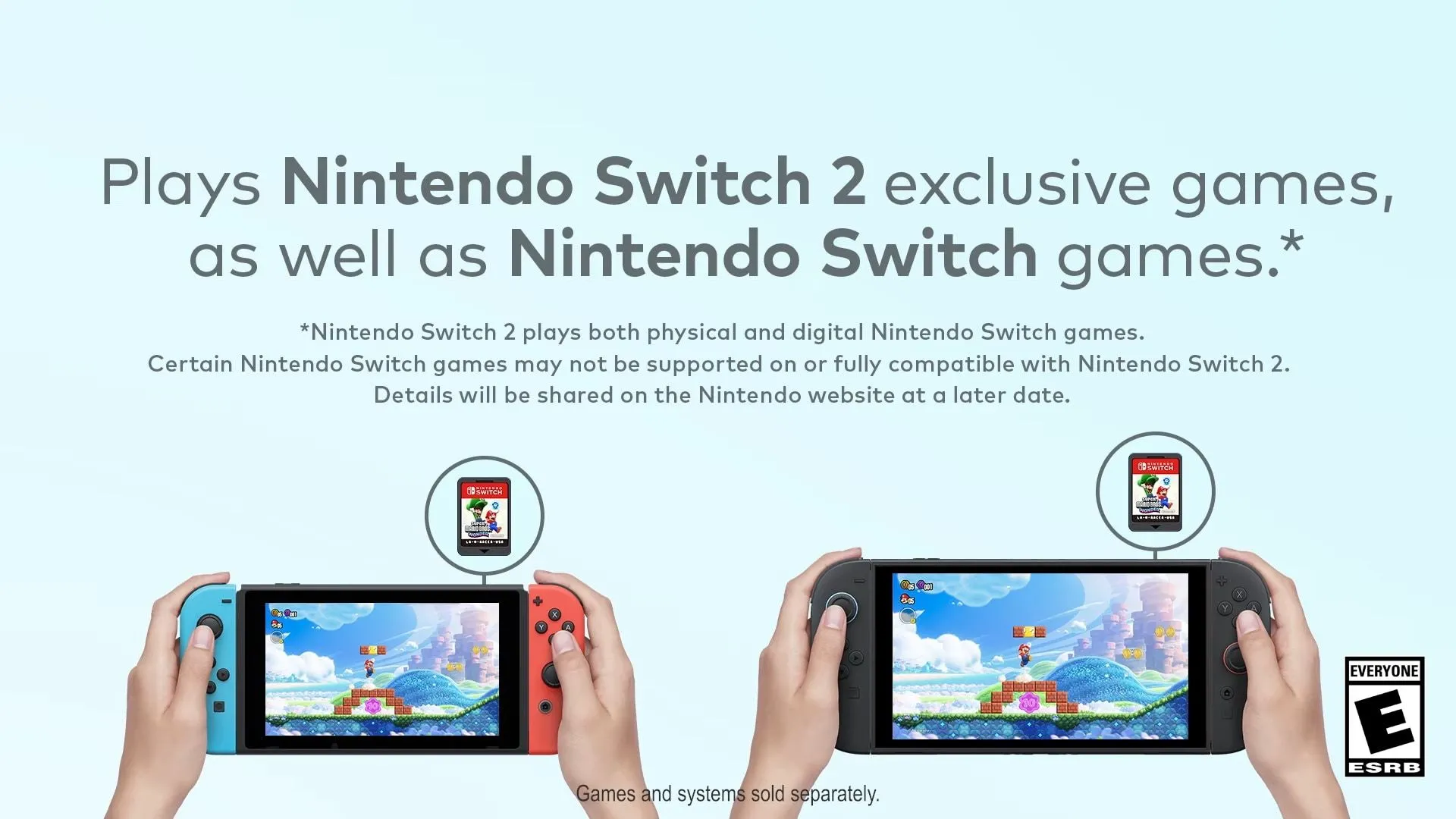 Hai bàn tay đang cầm máy chơi game Nintendo Switch và Switch 2 để so sánh kích thước.