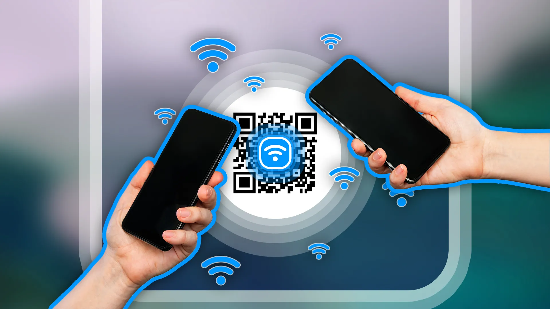 Hai bàn tay giữ điện thoại với mã QR ở trung tâm và biểu tượng Wi-Fi
