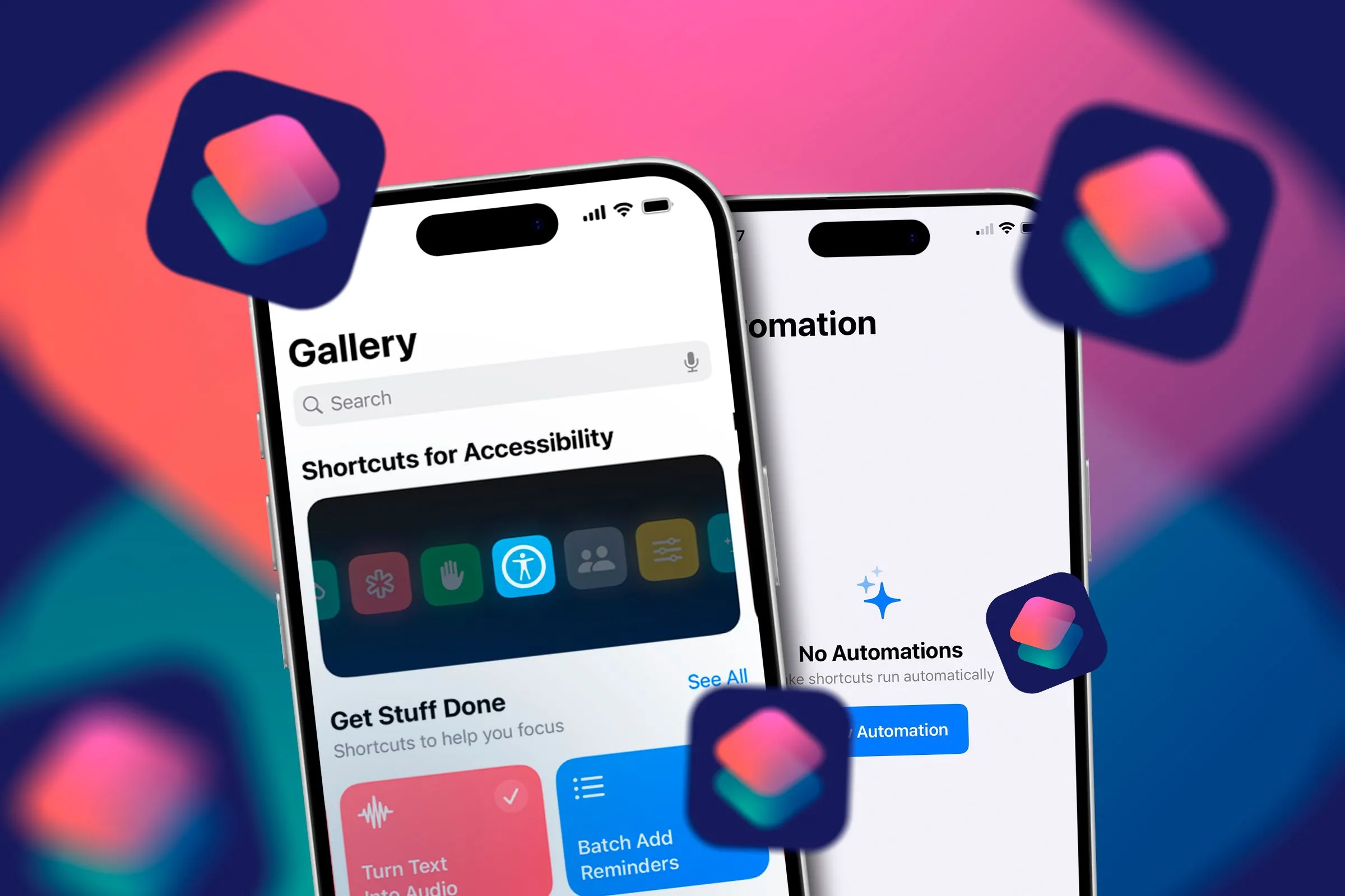 Hai chiếc iPhone hiển thị màn hình ứng dụng Phím tắt với các tùy chọn tự động hóa và tác vụ đã tạo.