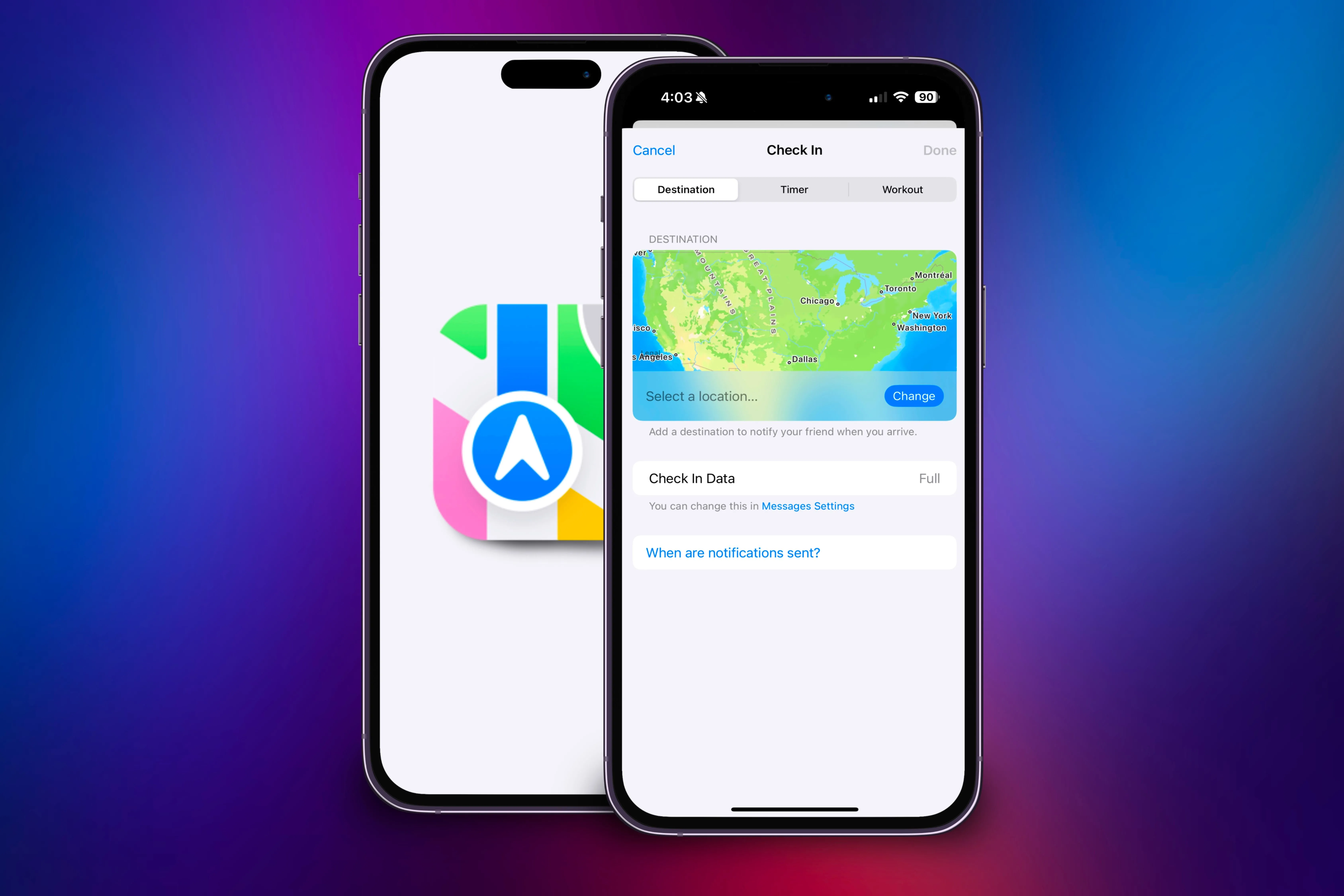 Hai chiếc iPhone với một chiếc hiển thị biểu tượng Apple Maps và chiếc kia đang thay đổi địa chỉ trong Check In, trên nền đầy màu sắc.