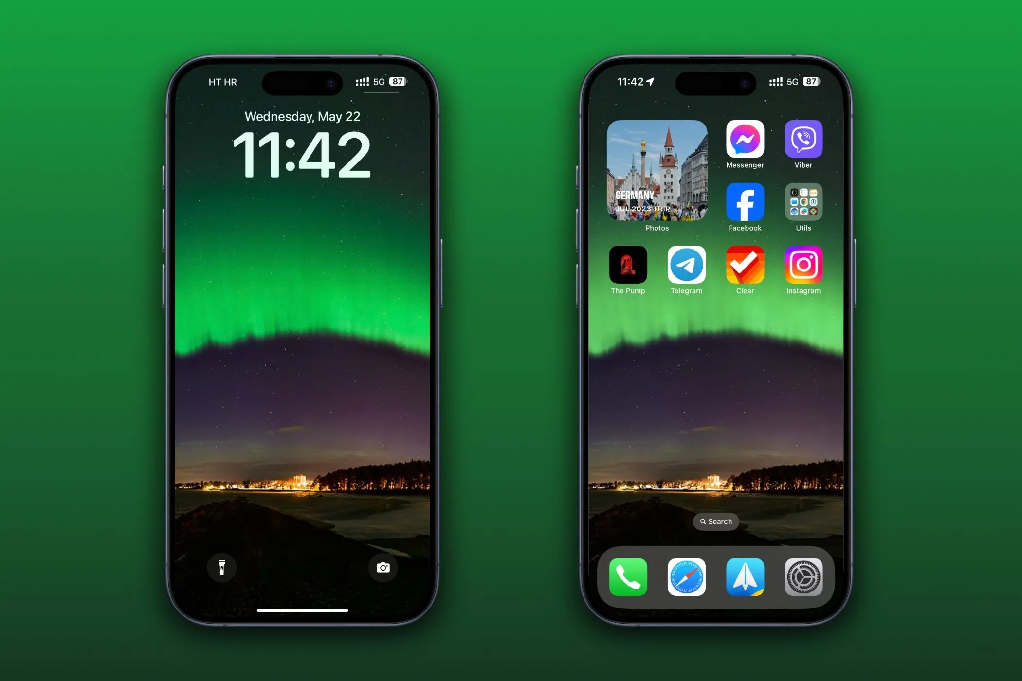 Hai iPhone minh họa màn hình khóa và màn hình chính với hình nền khác nhau, có thể nhìn thấy sự tối đi của nền.