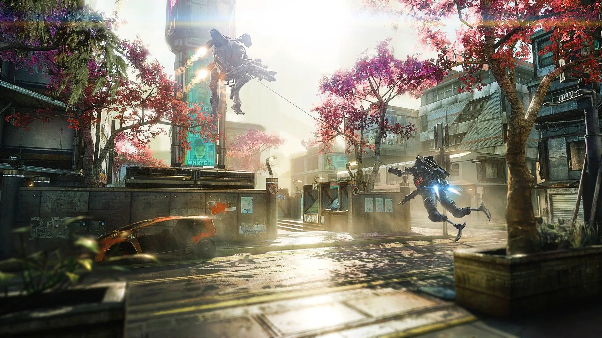 Hai người chơi nối với nhau bằng dây cáp bay gần nhau trong Titanfall 2.