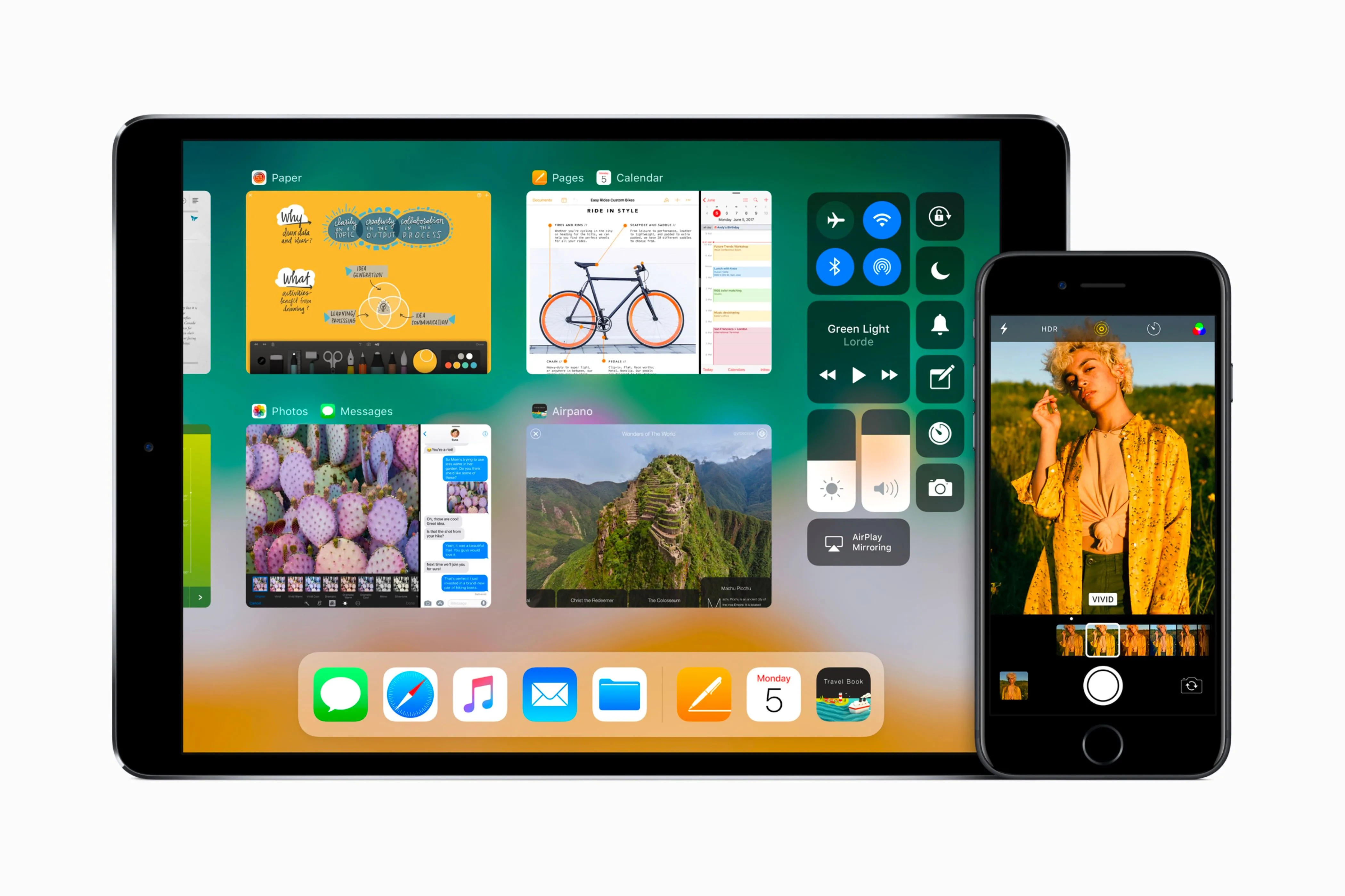 Hệ điều hành iOS 11 hiển thị trên cả iPad và iPhone, nhấn mạnh sự khác biệt và tối ưu hóa cho từng thiết bị.