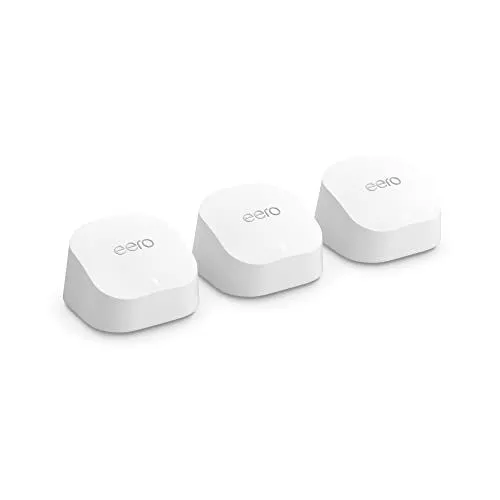 Hệ thống Wi-Fi Mesh Eero 6+ bao gồm 3 thiết bị phát màu trắng
