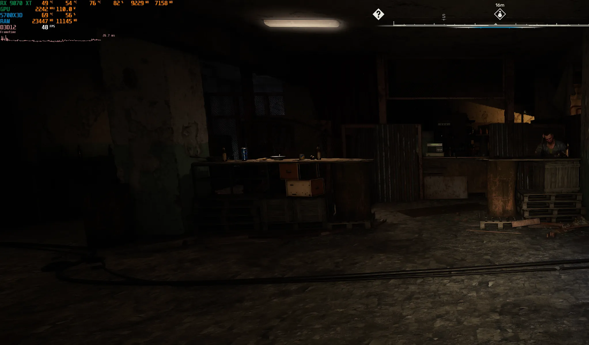 Hiệu suất chơi game S.T.A.L.K.E.R. 2 với CPU Ryzen 5700X3D trong khu vực đông đúc, cho thấy CPU là yếu tố giới hạn