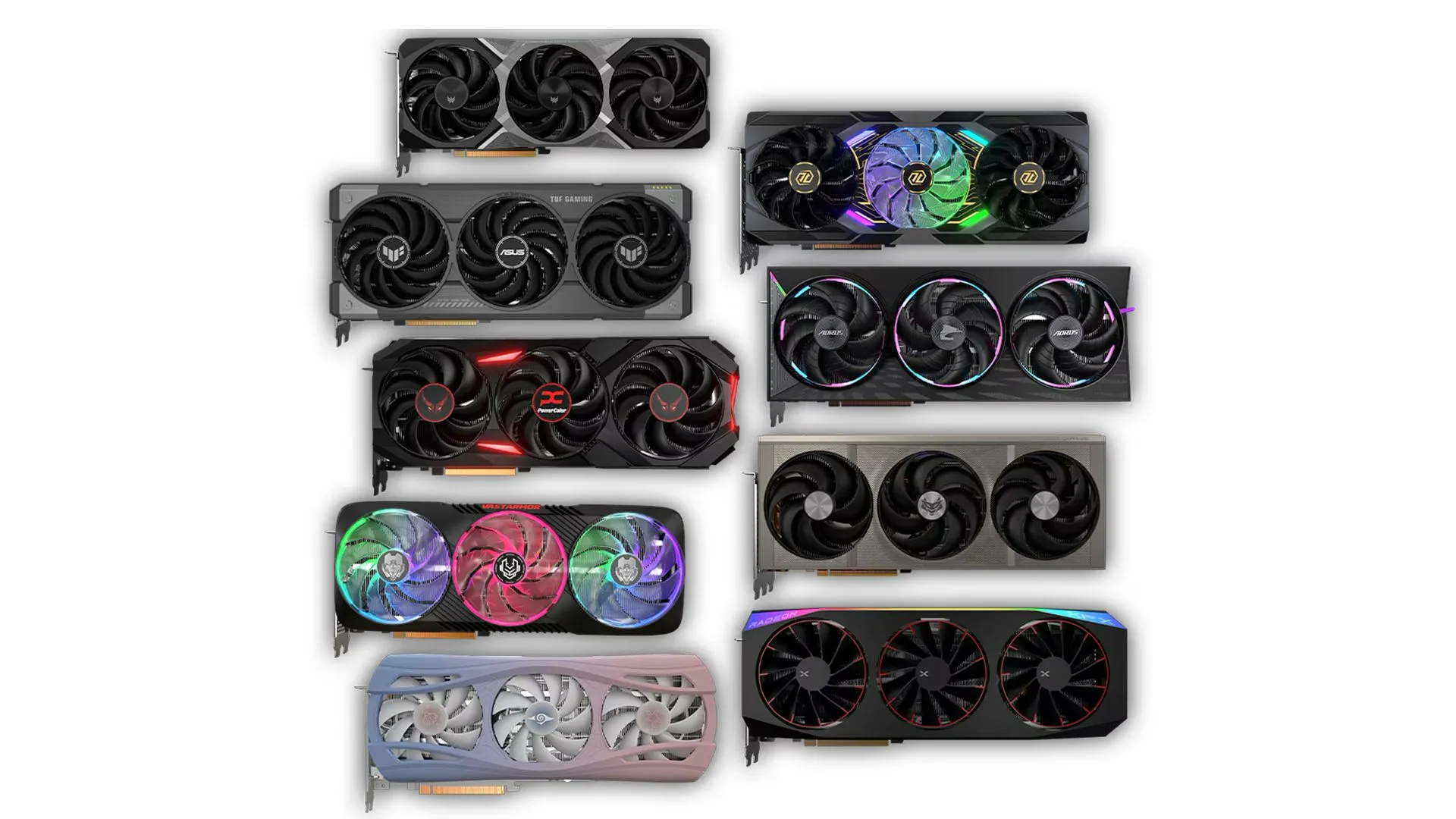 Hình ảnh các mẫu card đồ họa AMD RX 9070 từ các thương hiệu đối tác như ASRock, ASUS, Gigabyte.